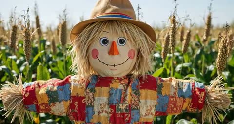 Scarecrow in Cornfield Wearing Patchwork Shirt