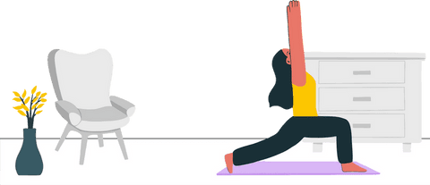 Transparent background woman practicing low lunge yoga with furniture interior