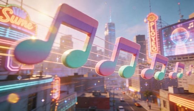 Floating pastel musical notes on glowing staff over neon downtown at dusk with sparkles