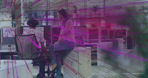 Coworkers Collaborating in Modern Open Office with Magenta Data Overlay and Glass Walls