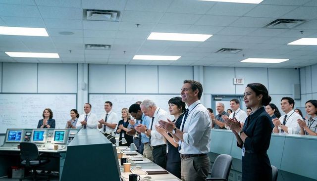 Mission control team applauding successful launch in high-tech operations room
