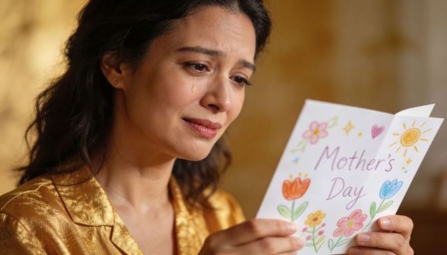 Tearful woman reading mother's day card, feeling sentimental and grateful in sunlit moment