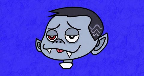 Cartoon vampire character illustration on vibrant blue background