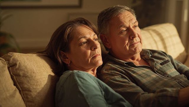 Senior couple leaning on sofa relaxing together in warm evening light, contemplative bond