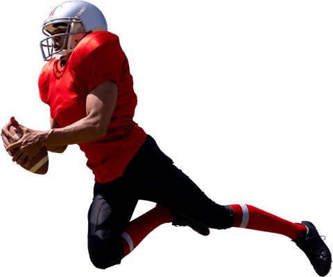 American football player mid-jump on transparent background