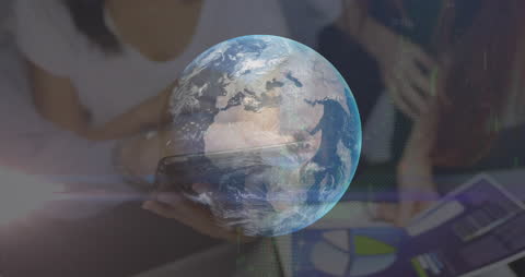 Digital Globe Overlay on Businesspeople Hands