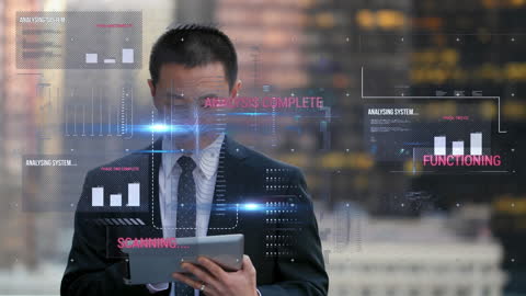 Business Professional Using Tablet with Data Processing Interface