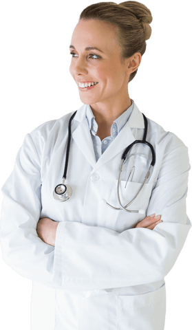 Cheerful female doctor in white coat with transparent background