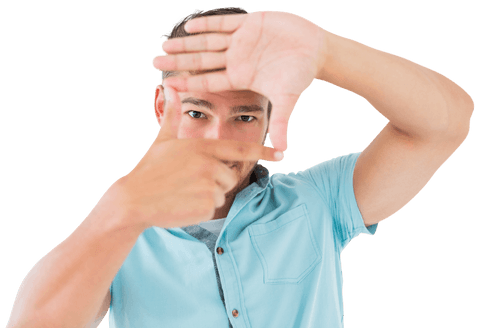 Handsome Man in Blue Shirt Making Frame with Hands on Transparent Background - Download Free Stock Videos Pikwizard.com