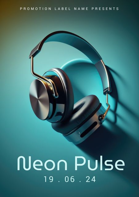 Floating modern headphones on a gradient background perfect for promoting music events, tech gear, or audio equipment sales. Eye-catching and versatile design suitable for posters, flyers, digital ads, and social media campaigns targeting music enthusiasts, tech aficionados, and trendy audiences.
