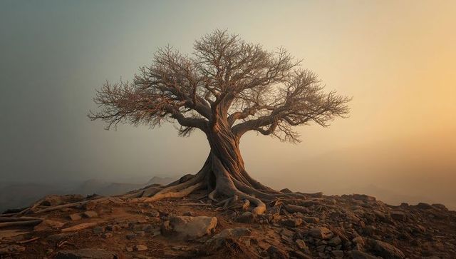 Gnarled ancient tree standing on rocky plateau bathing in warm golden light