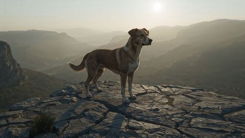 Alert dog standing on mountain ridge at sunrise