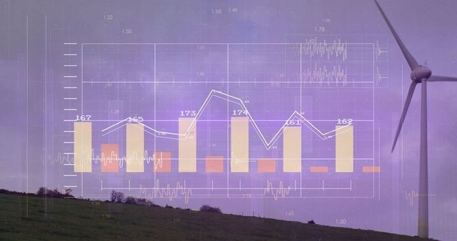 Renewable energy data with wind turbine and analytical graphs