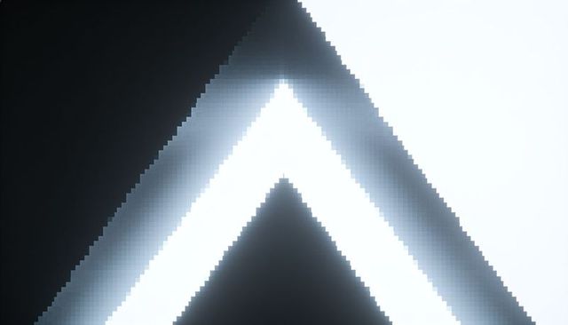 Forming pointing chevron triangle with pixelated neon glow and blue halo