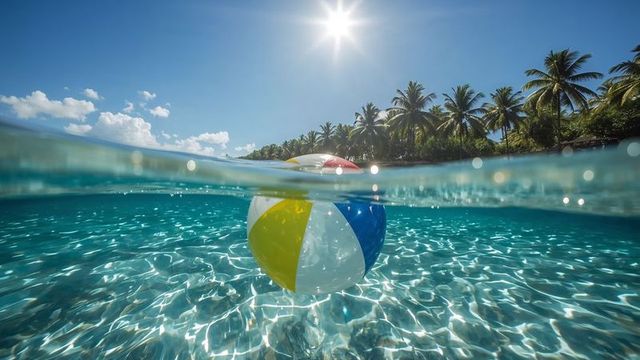 Vibrant beach ball floating on clear tropical waters