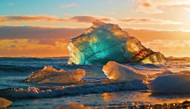 Sunlit turquoise iceberg retreating in shallow coastal water with golden sunset reflections