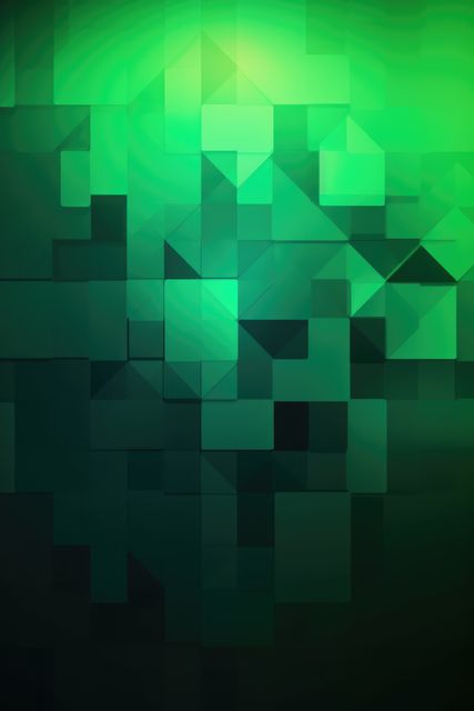 Modern abstract background featuring geometric shapes in various shades of green with overlapping patterns. Ideal for digital designs, website backgrounds, business presentations, and creative projects.