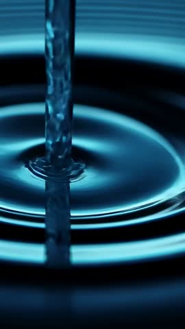 Vertical macro video of water jet flowing into blue pool creating concentric ripples and splash