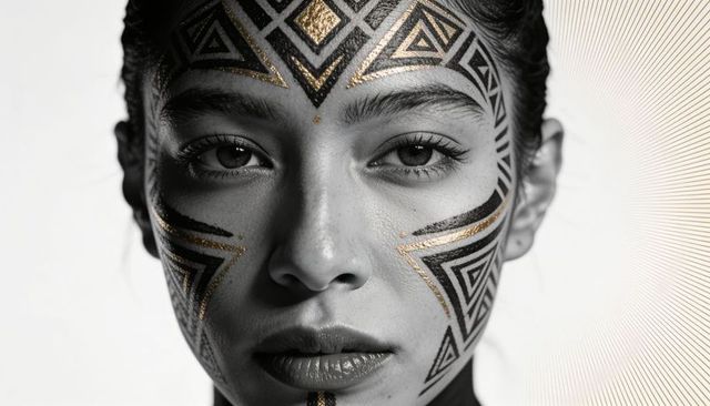 Closeup portrait: model wearing geometric black face paint with metallic gold accents