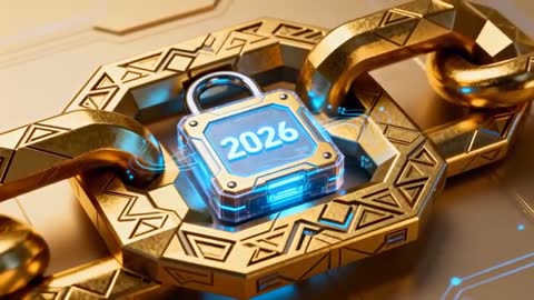 Rotating Camera Revealing Futuristic Gold Padlock Pulsing 2026 Security Readout