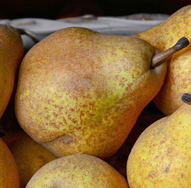 Yellow pears are piled up, highlighting their fresh and ripe texture. Great for using in content promoting healthy eating, organic food, or farmers markets. Perfect for illustrating natural produce availability.