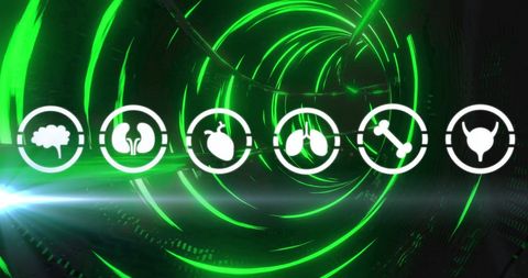 Digital medical icons with glow over futuristic background