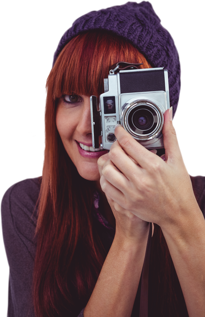 Smiling Redhead Woman with Retro Camera Transparent Background - Download Free Stock Videos Pikwizard.com