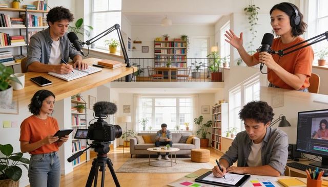 Creative duo recording podcast and video in bright loft home studio with dslr and mics