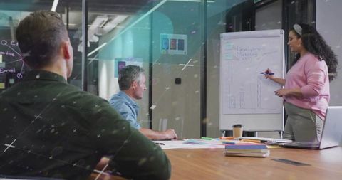 Woman presenting growth chart on flip chart while team listening in modern boardroom