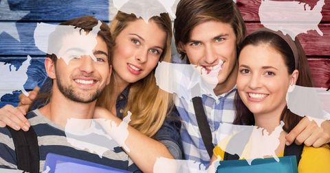 Young Friends Celebrating with American Flag Overlay