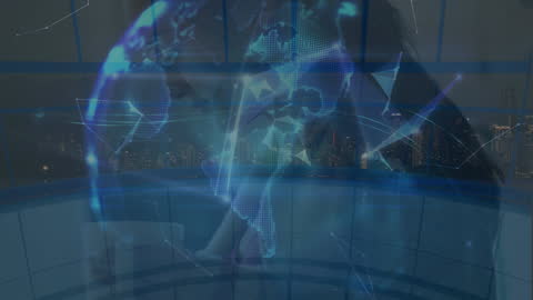 Digital Globe Overlay with Woman Using Smartphone in Urban Setting