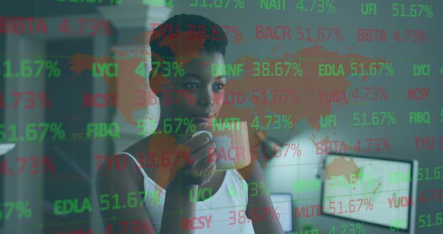 An African American woman is standing in an office, analyzing stock market data while drinking coffee. Multiple screens in the background display stock prices, financial graphs, and a world map. This image is suitable for articles, blog posts, and presentations related to finance, business, stock trading, financial technology, women in finance, multi-tasking, and career success.