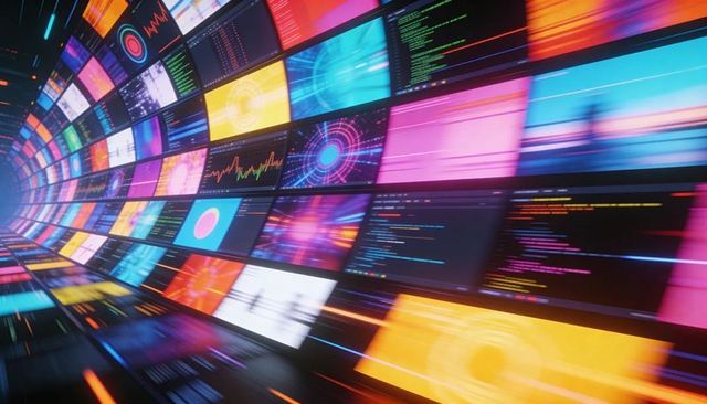 Streaming Neon Panels in Curved Digital Tunnel Displaying Code, HUD Charts, Animated Graphs