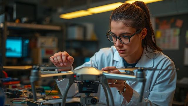 Female engineer calibrating professional quadcopter drone, electronics lab precision stem