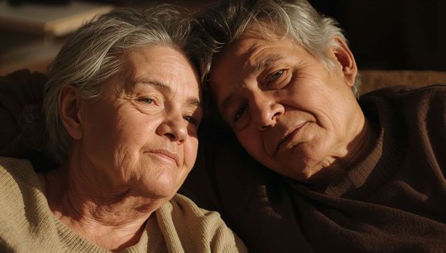 Senior couple leaning heads together on sofa showing gentle affection and companionship