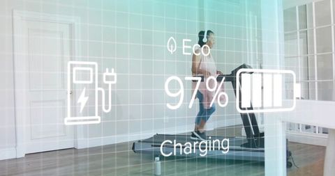 Asian woman running treadmill with ar fitness hud displaying 97% battery charging
