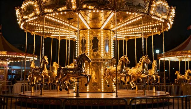 Golden carousel horses glowing at night carnival with vintage illuminated lights