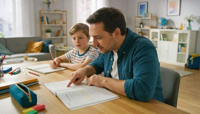 Father tutoring son at home studying with workbook and pencils in sunlit living room