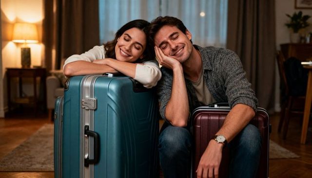 Young couple resting on packed luggage in living room after travel, cozy romantic evening