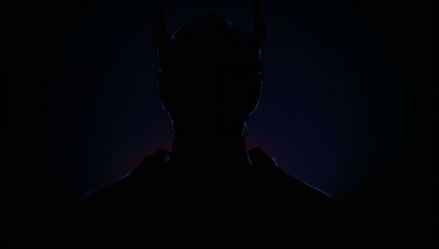 Silhouetted horned figure wearing cloak with blue rim lighting creating dark mysterious portrait