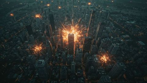 Explosive urban skyline amidst nighttime cityscape airstrikes drama