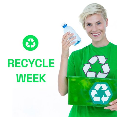 recycling awareness featuring smiling woman with green bin - Download Free Stock Templates Pikwizard.com