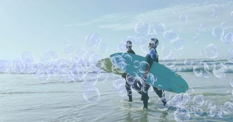 Senior Couple with Surfboard in Bubble Dreamscape on Beach - Download Free Stock Images Pikwizard.com