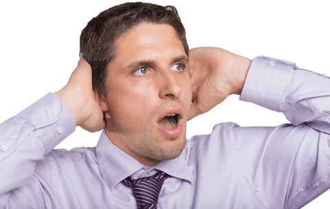 young businessman relieving stress with hands over ears - Download Free Stock Videos Pikwizard.com