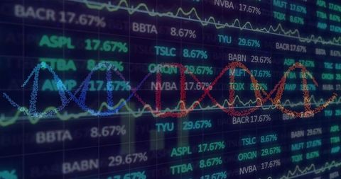 Displaying multicolor dotted waveform overlaying stock ticker grid and percentage analytics