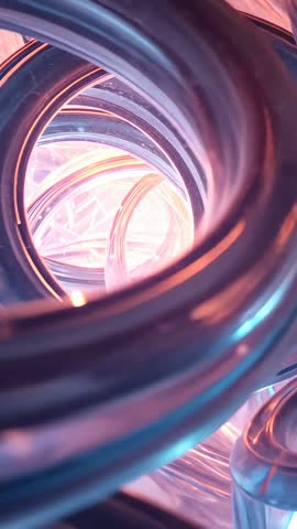 Gliding Through Neon Glass Rings Toward Luminous Core Vertical Abstract Tunnel