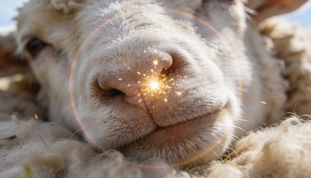 Close-up sheep muzzle featuring sparkling sun flare, detailed wool texture and soft snout