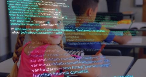 Young girl coding in classroom with laptop and code overlay for stem learning