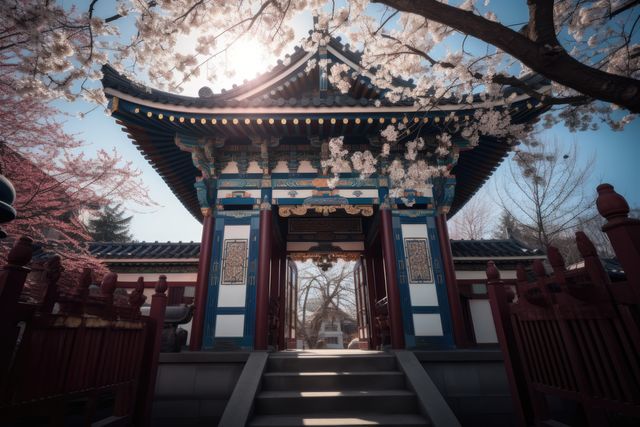 Traditional Japanese temple gate enhanced by blooming cherry blossoms, showcasing intricate design and cultural heritage. Ideal for use in travel brochures, educational materials about Japanese culture, or any project emphasizing the beauty of spring and tranquility. 