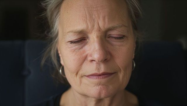 Senior woman closing eyes relaxing in serene moment closeup with silver hoop earrings